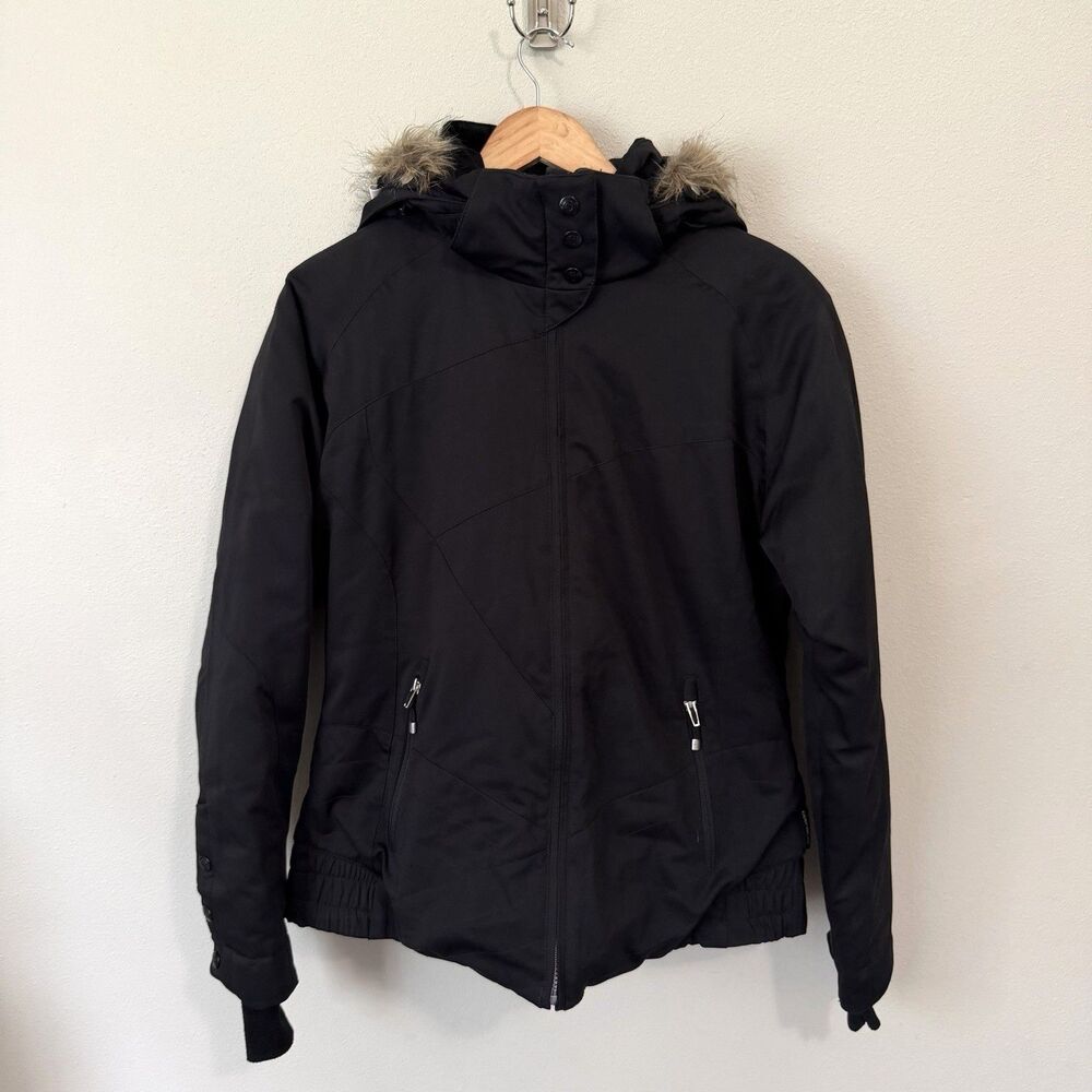Obermeyer Womens Ski Jacket Sz 12 Black Insulated Snow Coat Faux Fur Hood 21145